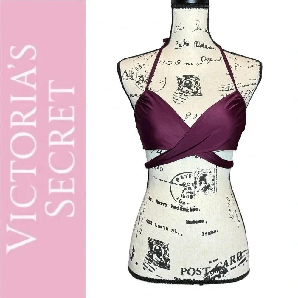 Victorias Secret Swim The Wrap Halter Top Size 34B Burgundy Underwire EUC